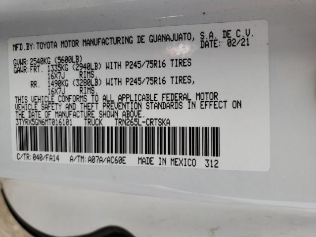 3TYRX5GN6MT016101 - 2021 TOYOTA TACOMA ACCESS CAB თეთრი ფოტო 12