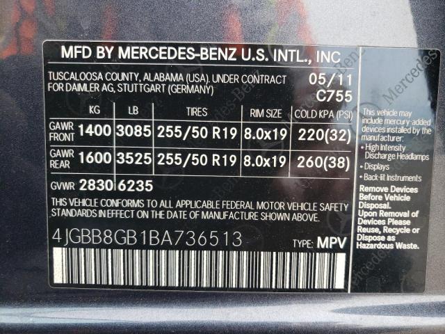 4JGBB8GB1BA736513 - 2011 MERCEDES-BENZ ML 350 4MATIC BLACK photo 12