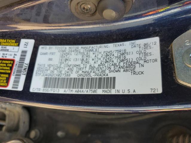 5TFJU4GN2CX027388 - 2012 TOYOTA TACOMA DOUBLE CAB PRERUNNER BLUE photo 12