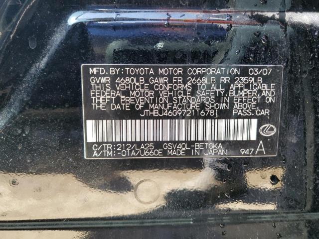 JTHBJ46G972116781 - 2007 LEXUS ES 350 BLACK photo 12