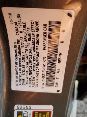 2HGFA1F93BH517375 - 2011 HONDA CIVIC EXL GRAY photo 12