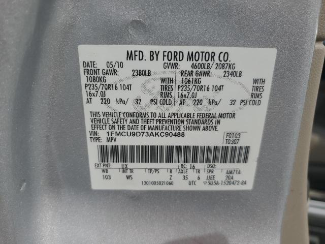 1FMCU9D73AKC90488 - 2010 FORD ESCAPE XLT فضي صورة 13