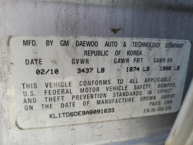KL1TD6DE9AB091633 - 2010 CHEVROLET AVEO LS ვერცხლისფერი ფოტო 12