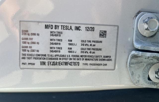 5YJSA1E47MF427870 - 2021 TESLA MODEL S Սպիտակ լուսանկար 10