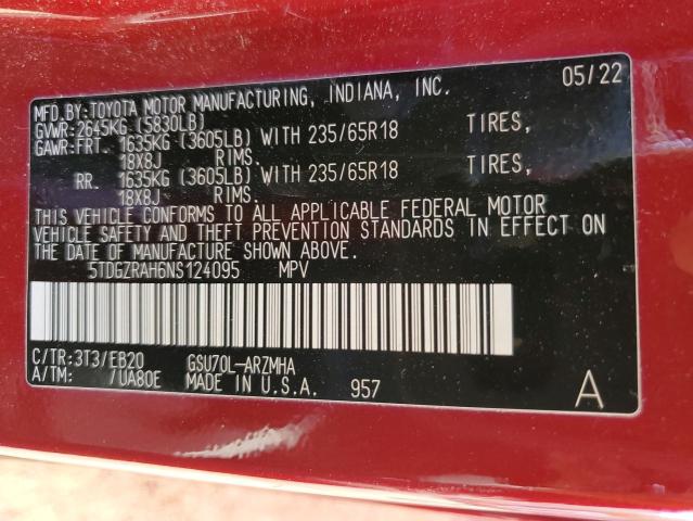 5TDGZRAH6NS124095 - 2022 TOYOTA HIGHLANDER XLE Bordo foto 12