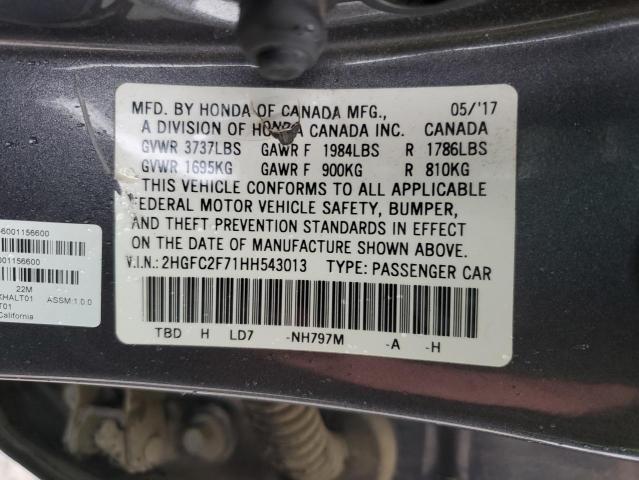 2HGFC2F71HH543013 - 2017 HONDA CIVIC EX GRAY photo 12