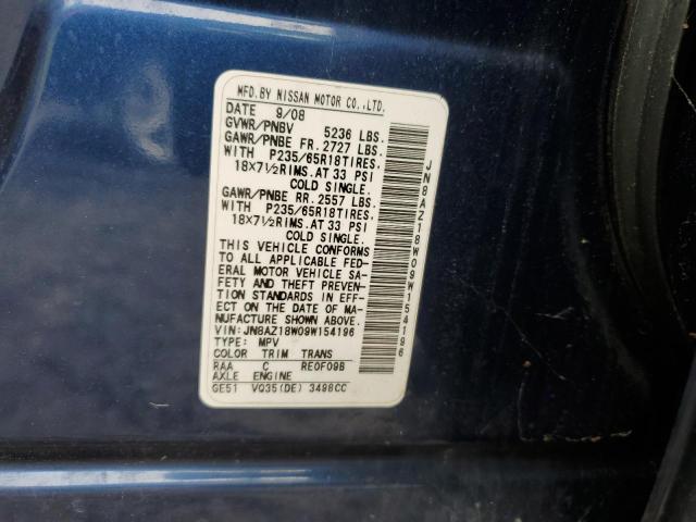 JN8AZ18W09W154196 - 2009 NISSAN MURANO S BLUE photo 12