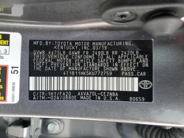 4T1B11HK5KU772759 - 2019 TOYOTA CAMRY L GRAY photo 13