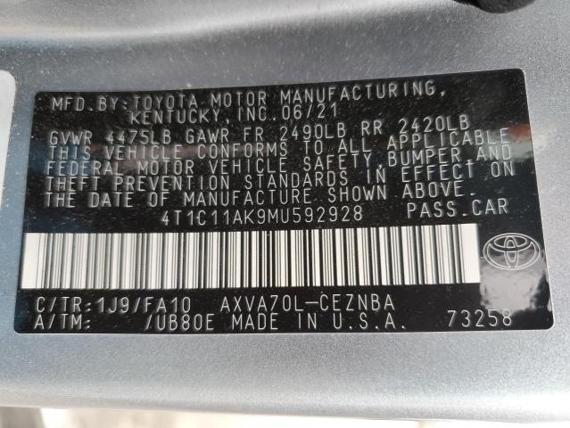 4T1C11AK9MU592928 - 2021 TOYOTA CAMRY LE SILVER photo 12