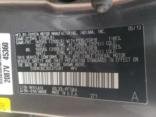 5TDYK3DC3DS375581 - 2013 TOYOTA SIENNA LIM XLE GRAY photo 13