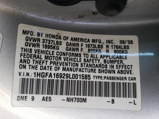 1HGFA16929L001585 - 2009 HONDA CIVIC EXL 银色 照片 12