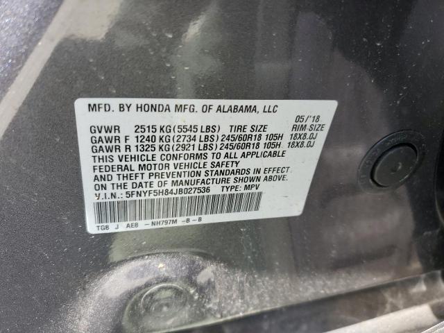 5FNYF5H84JB027536 - 2018 HONDA PILOT EXL CHARCOAL photo 12