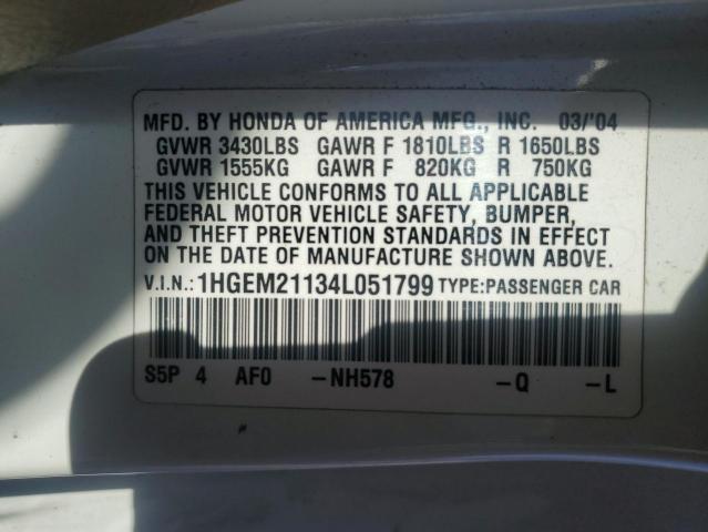 1HGEM21134L051799 - 2004 HONDA CIVIC DX VP Ağ foto 13