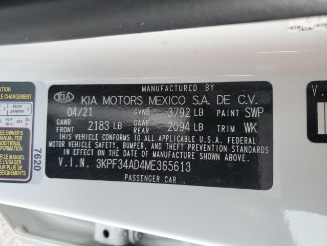 3KPF34AD4ME365613 - 2021 KIA FORTE GT LINE WHITE photo 13