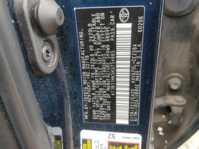 4T1B11HK5KU754665 - 2019 TOYOTA CAMRY L BLUE photo 12