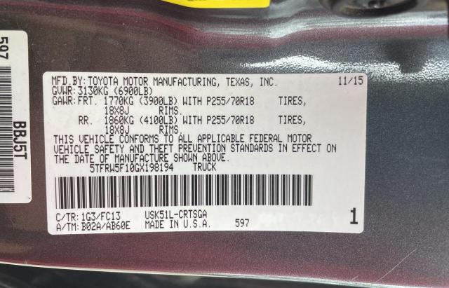 5TFRW5F10GX198194 - 2016 TOYOTA TUNDRA DOUBLE CAB SR/SR5 GRAY photo 10