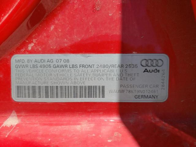 WAUMF78K19N012461 - 2009 AUDI A4 PRESTIGE RED photo 10