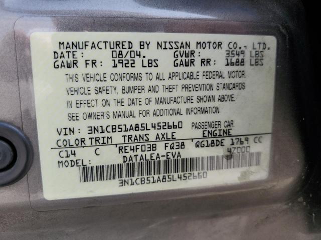 3N1CB51A85L452660 - 2005 NISSAN SENTRA 1.8S GOLD photo 12