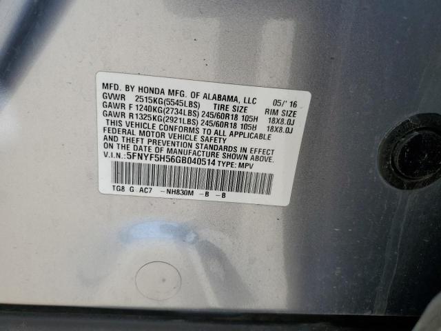 5FNYF5H56GB040514 - 2016 HONDA PILOT EXL SILVER photo 12