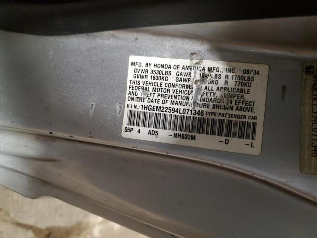 1HGEM22594L071346 - 2004 HONDA CIVIC LX SILVER photo 12