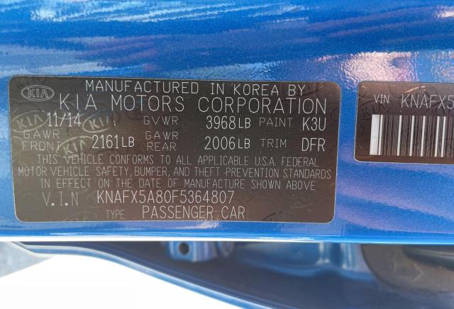 KNAFX5A80F5364807 - 2015 KIA FORTE EX BLUE photo 10