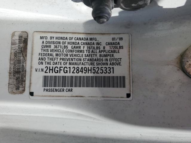 2HGFG12849H525331 - 2009 HONDA CIVIC EX WHITE photo 12