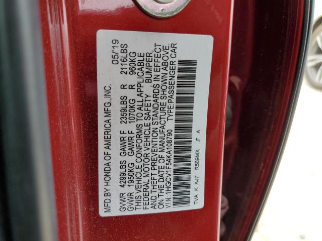 1HGCV1F54KA108790 - 2019 HONDA ACCORD EXL RED photo 13