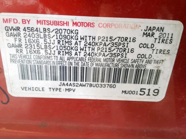 JA4AS2AW7BU033760 - 2011 MITSUBISHI OUTLANDER ES  foto 10