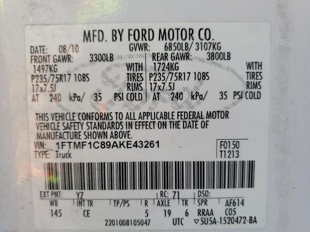 1FTMF1C89AKE43261 - 2010 FORD F150 WHITE photo 12