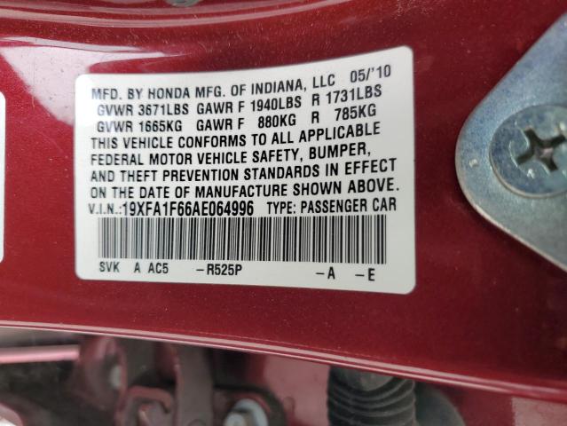 19XFA1F66AE064996 - 2010 HONDA CIVIC LX-S أحمر صورة 12