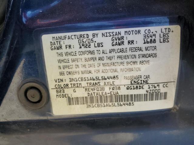 3N1CB51A65L564485 - 2005 NISSAN SENTRA 1.8S BLUE photo 12