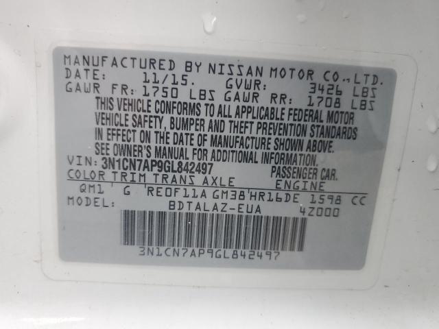 3N1CN7AP9GL842497 - 2016 NISSAN VERSA S WHITE photo 12