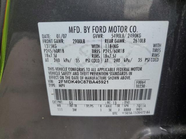 2FMDK49C87BA45921 - 2007 FORD EDGE SEL PLUS GRAY photo 12