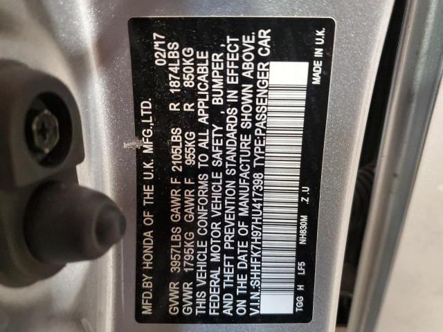 SHHFK7H97HU417398 - 2017 HONDA CIVIC SPORT TOURING SILVER photo 12