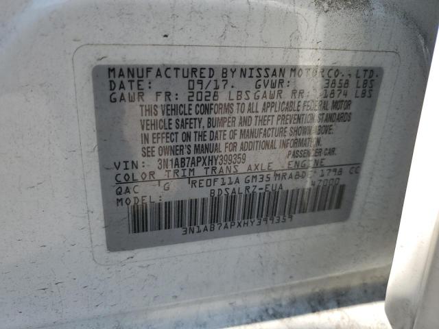 3N1AB7APXHY399359 - 2017 NISSAN SENTRA S WHITE photo 12