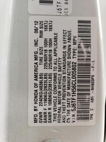 5J6TF1H56CL005802 - 2012 HONDA CROSSTOUR EXL თეთრი ფოტო 12