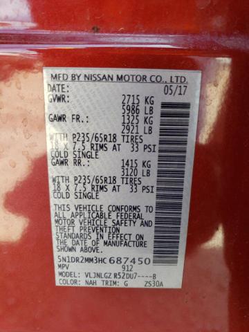 5N1DR2MM3HC687450 - 2017 NISSAN PATHFINDER S 红色 照片 12