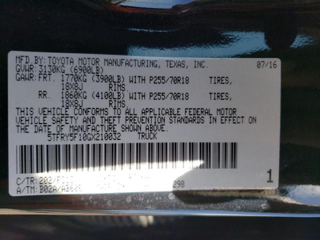 5TFRY5F10GX210032 - 2016 TOYOTA TUNDRA DOUBLE CAB SR/SR5 BLACK photo 12