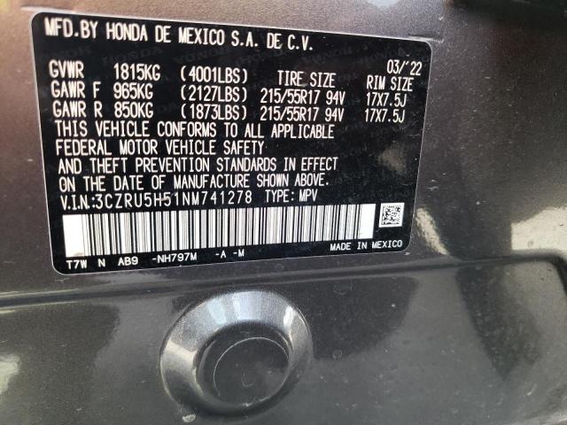 3CZRU5H51NM741278 - 2022 HONDA HR-V EX GRAY photo 12