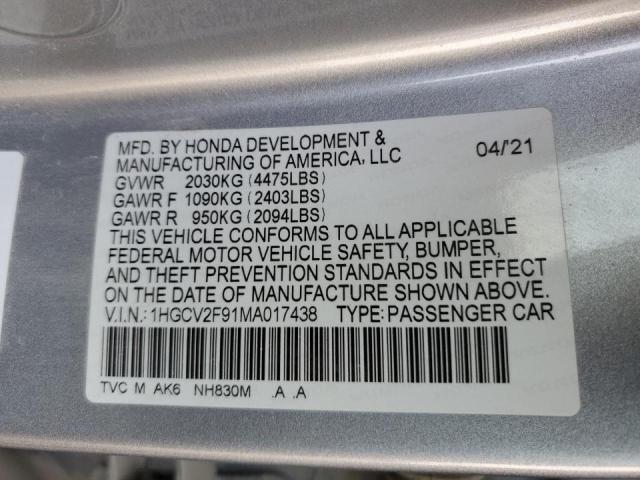 1HGCV2F91MA017438 - 2021 HONDA ACCORD TOURING SILVER photo 12