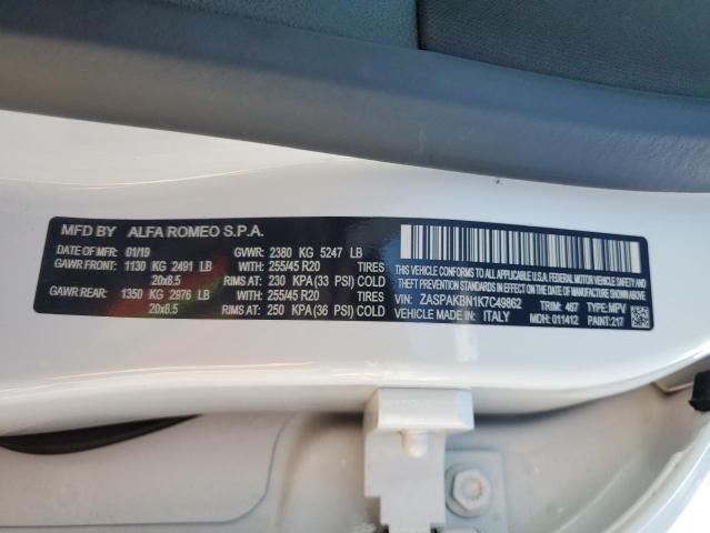 ZASPAKBN1K7C49862 - 2019 ALFA ROMEO STELVIO TI WHITE photo 13