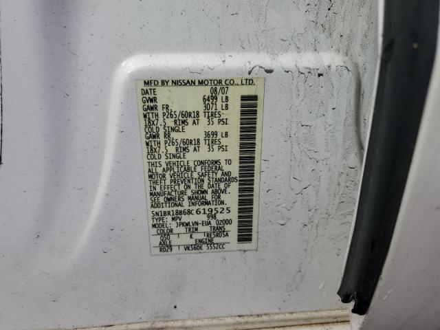 5N1BR18B68C619525 - 2008 NISSAN PATHFINDER LE WHITE photo 12