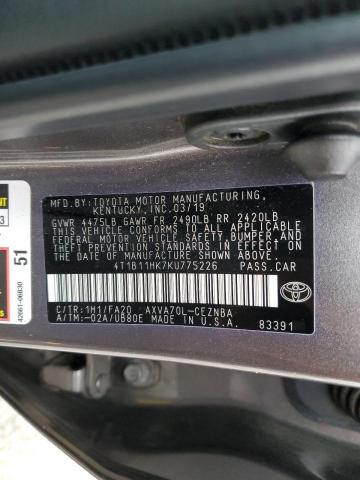 4T1B11HK7KU775226 - 2019 TOYOTA CAMRY L CHARCOAL photo 12