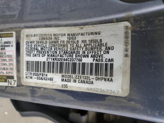 2T1KR32E64C237760 - 2004 TOYOTA COROLLA MA XR BLUE photo 12