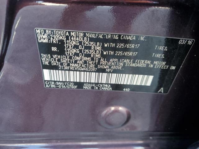 2T3RFREV5GW462087 - 2016 TOYOTA RAV4 XLE BURGUNDY photo 13