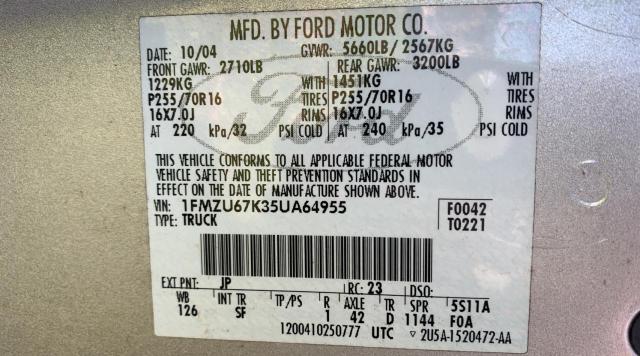 1FMZU67K35UA64955 - 2005 FORD EXPLORER S SILVER photo 10