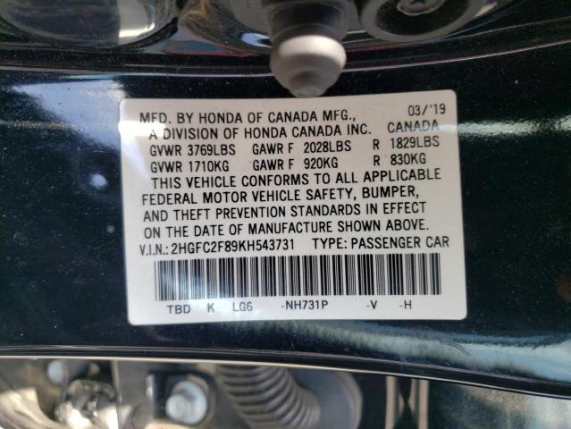 2HGFC2F89KH543731 - 2019 HONDA CIVIC SPORT BLACK photo 12