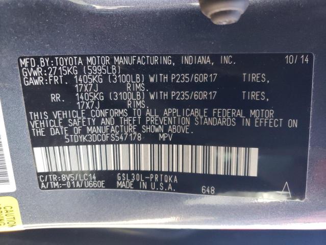 5TDYK3DC0FS547178 - 2015 TOYOTA SIENNA XLE GRAY photo 13