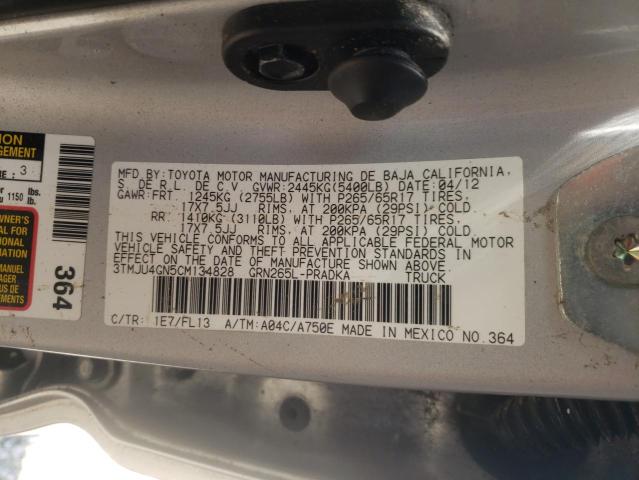 3TMJU4GN5CM134828 - 2012 TOYOTA TACOMA DOUBLE CAB PRERUNNER SILVER photo 12