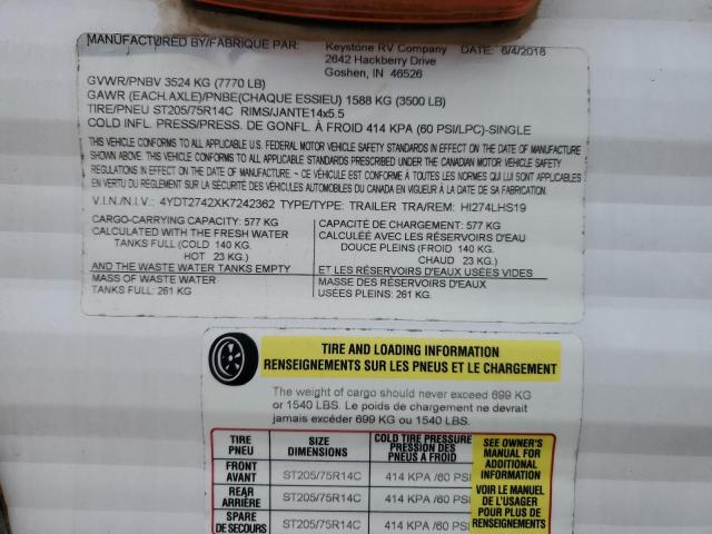 4YDT2742XK7242362 - 2019 KEYSTONE TRAILER TWO TONE photo 10